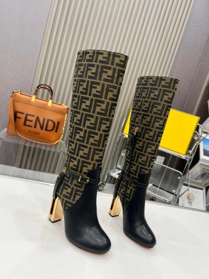 FENDI Delfina Round Toe Boots with FF Buckle and Heel Detail - LY00