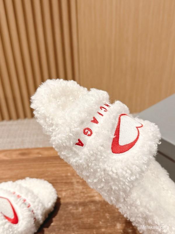 Balenciaga 2025 SS Qixi Limited Series Letter Embroidery Platform Shearling Slippers - AS00200