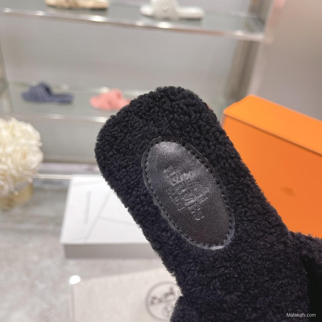 H Teddy Wool H Slippers Flat Sole Autumn Winter - LY00240