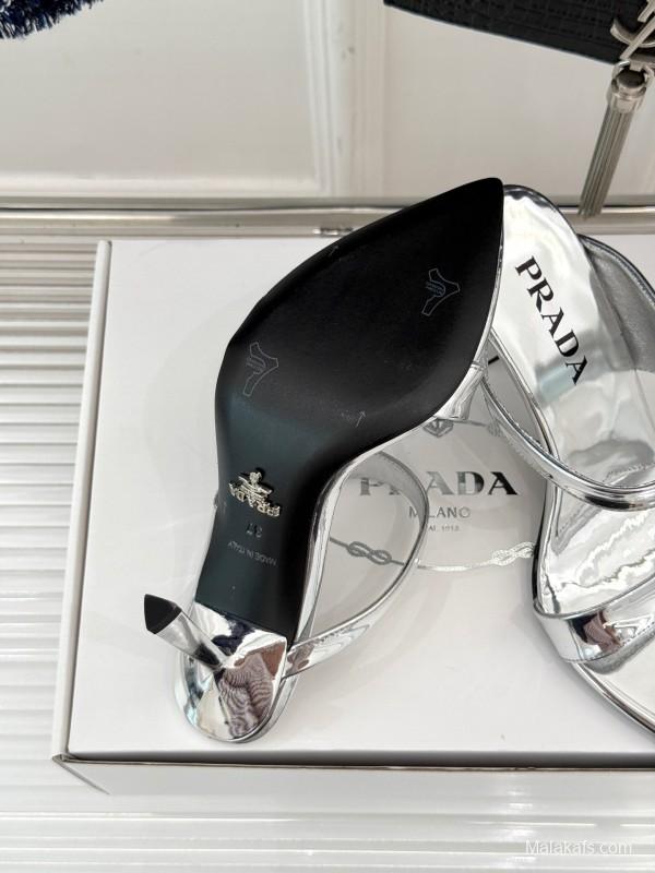 Prada Pointed Toe High Heel Sandals with Triangle Buckle - KFY00280