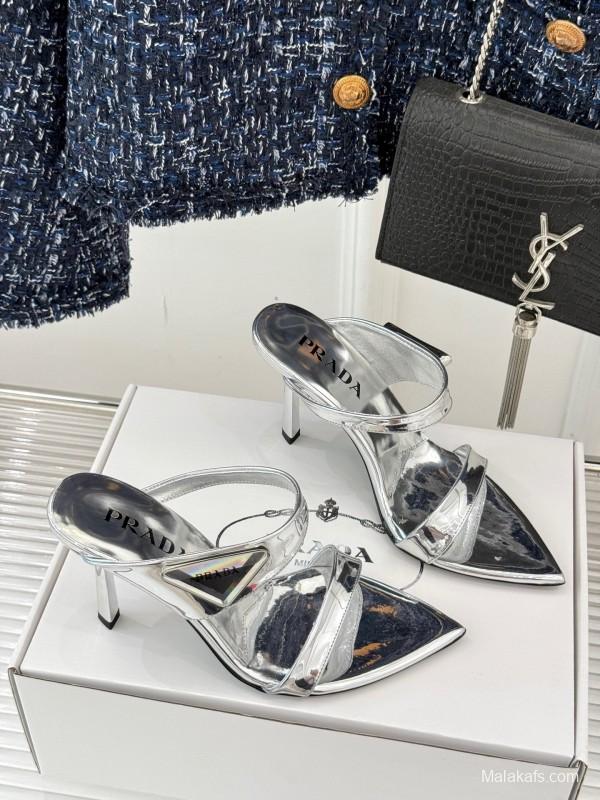 Prada Pointed Toe High Heel Sandals with Triangle Buckle - KFY00280