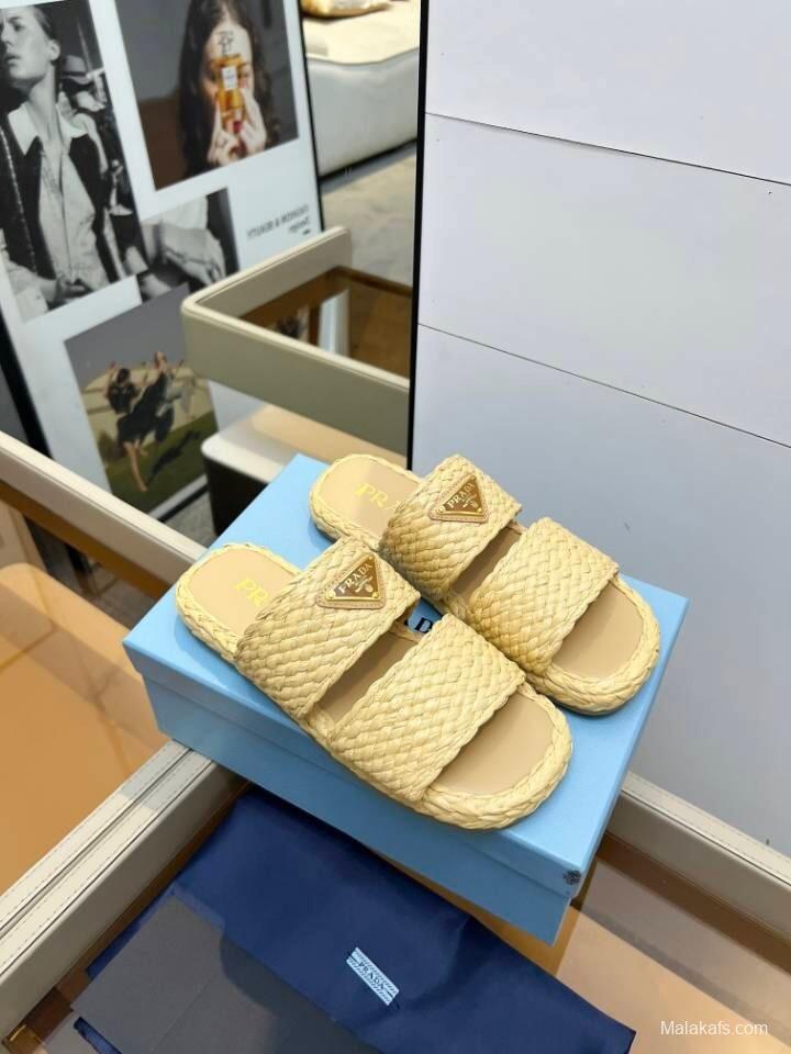 Prada 2025 SS Raffia Handwoven Open-Toe Sandals - KFY00260