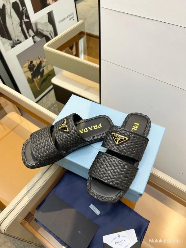 Prada 2025 SS Raffia Handwoven Open-Toe Sandals - KFY00260