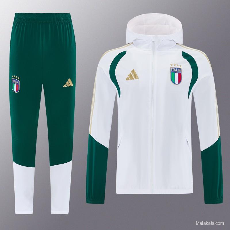 2026 Italy White Hoodie Full Zipper Windbreaker + Long Pants