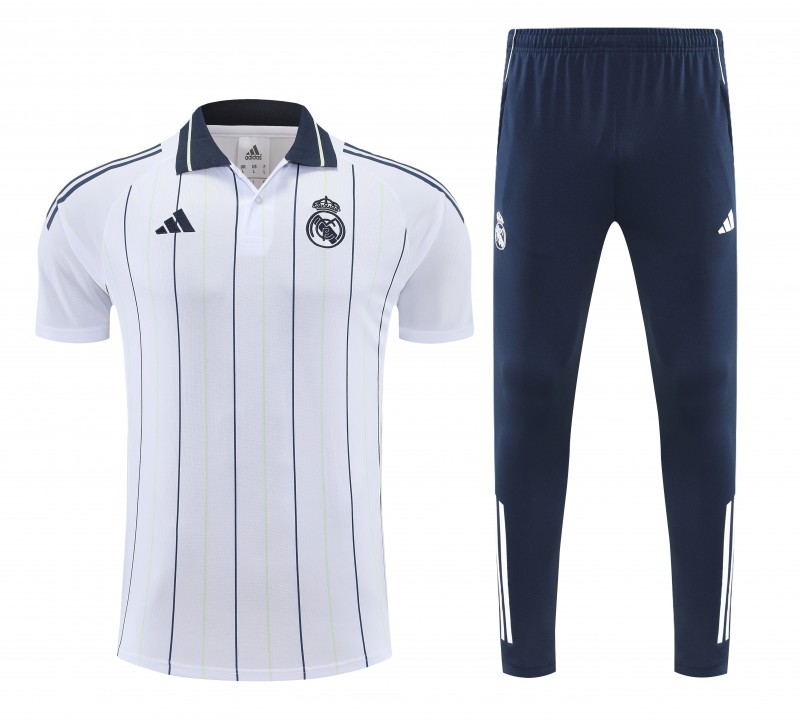 26/27   Real Madrid White Stripes Polo Training Shirt + Long Pants Tracksuit