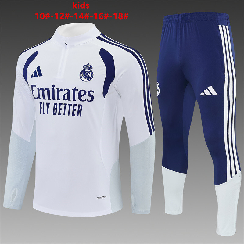 26/27 Kids Real Madrid Home White Half Zipper Jacket Tracksuit + Long Pants