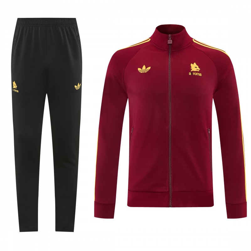 2026/27 AS Roma Burgundy & Gold Full Zipper Jacket Tracksuit +Black  Long Pants