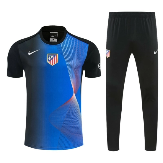 26/27 Atlético de Madrid Black & Blue with Fluid Wave  Print Short Sleeve Tracksuit + Black Long Pants