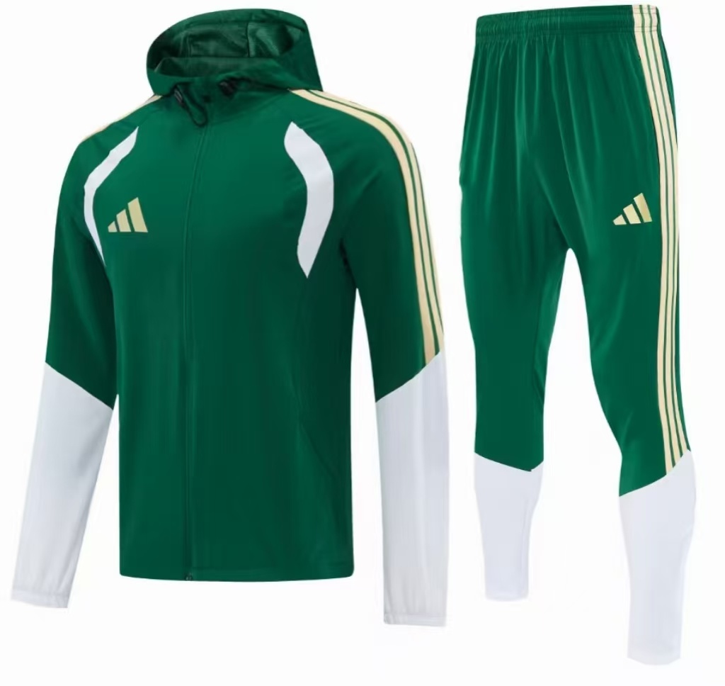 26/27 Adidas Navy Green &White Full Zipper Hooded Windbreaker  Jacket Tracksuit + Long Pants