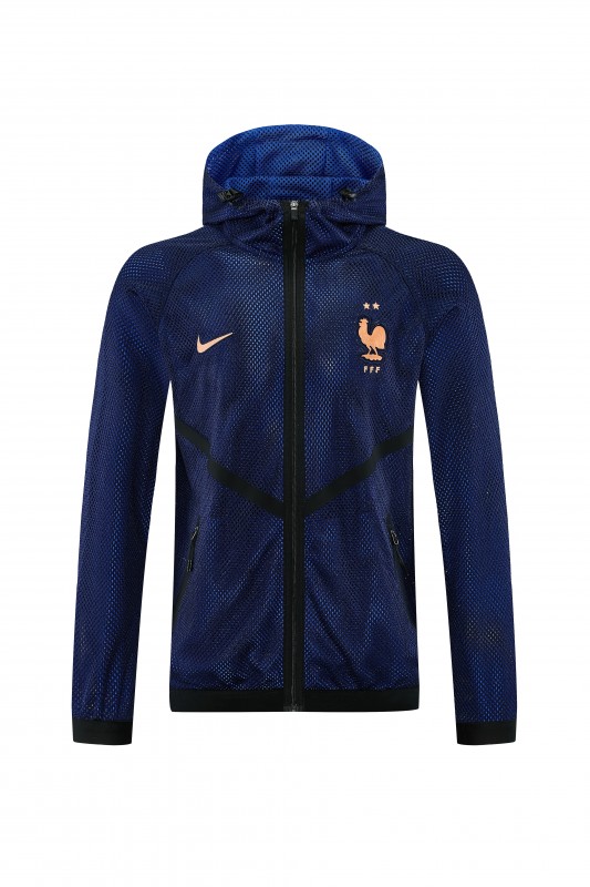 26/27 France Navy Blue Mesh Anthem Full Zipper Hooded Windbreaker Jacket
