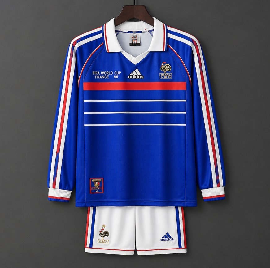 Retro Kids 1998 France Home Long Sleeve Jersey