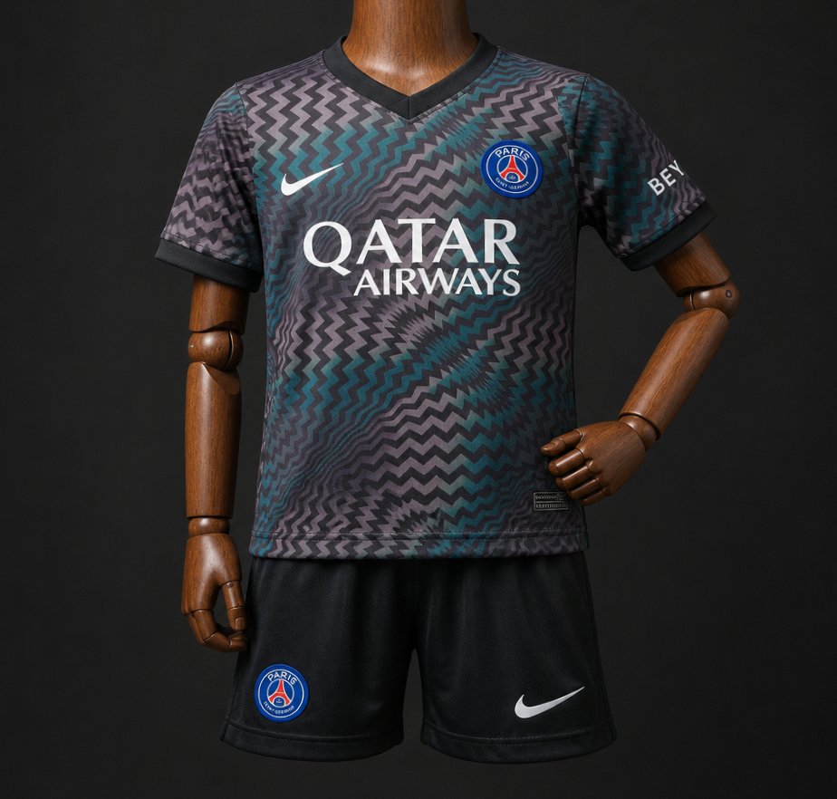 26/27 Kids PSG/Paris Saint-Germain Home Goalkeeper Black/Blue Zigzag Pattern Jersey