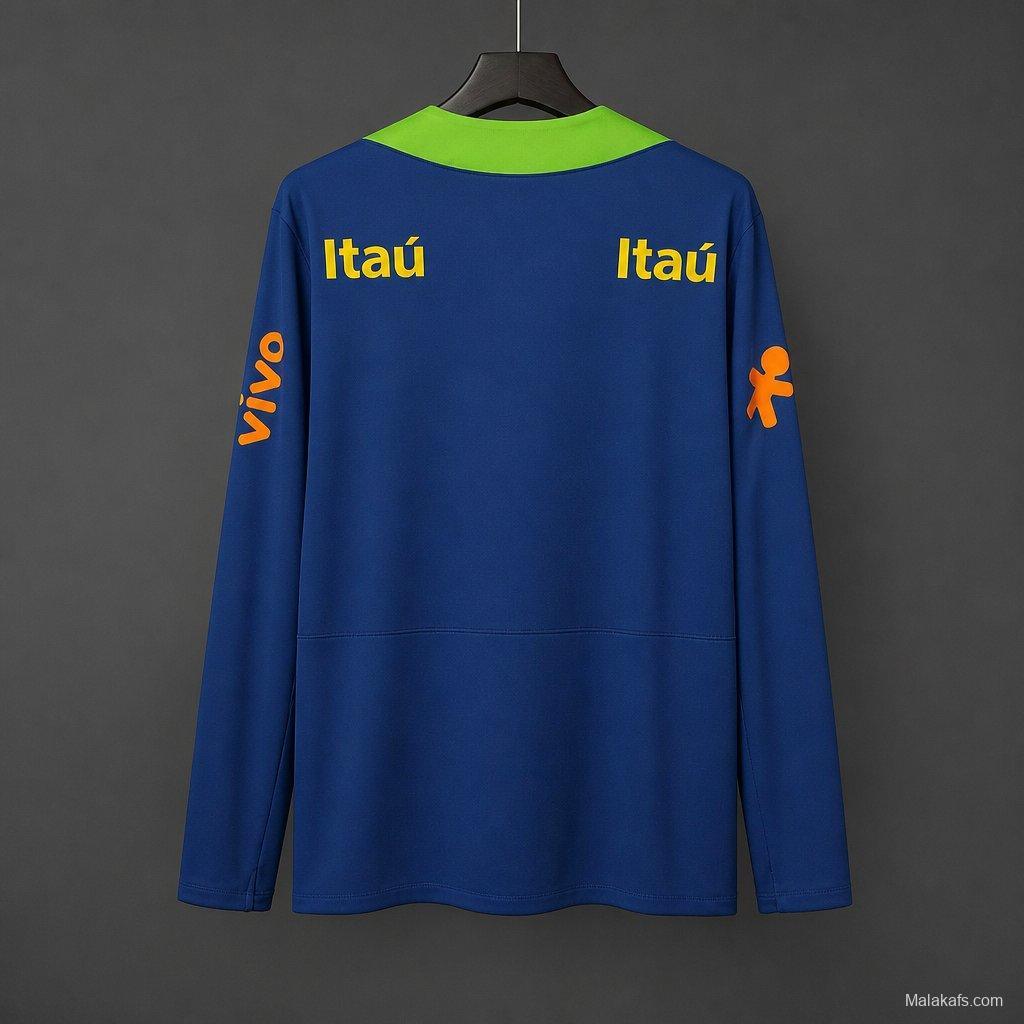 2024 Brazil Navy Blue with Lime Green Long Sleeve Half-Zip Training Top
